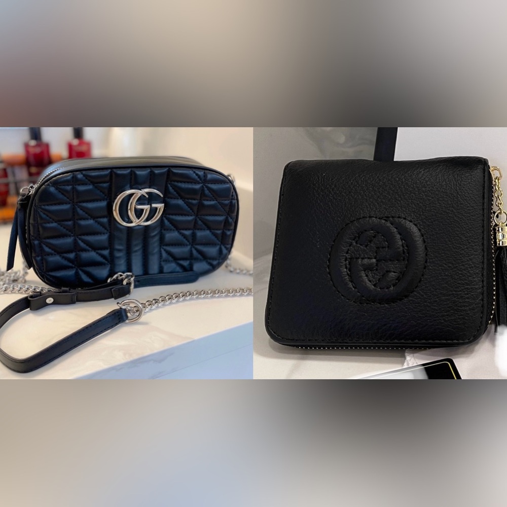 Black shoulder purse with a matching wallet.   Gently used.